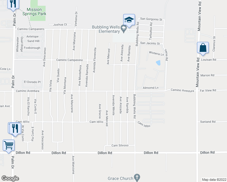 map of restaurants, bars, coffee shops, grocery stores, and more near Avenida Mirola in Desert Hot Springs