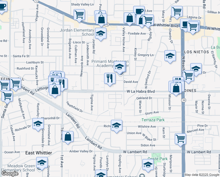 map of restaurants, bars, coffee shops, grocery stores, and more near 16501 Leffingwell Road in Whittier