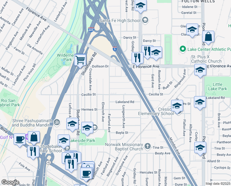 map of restaurants, bars, coffee shops, grocery stores, and more near 11223 Cecilia Street in Downey