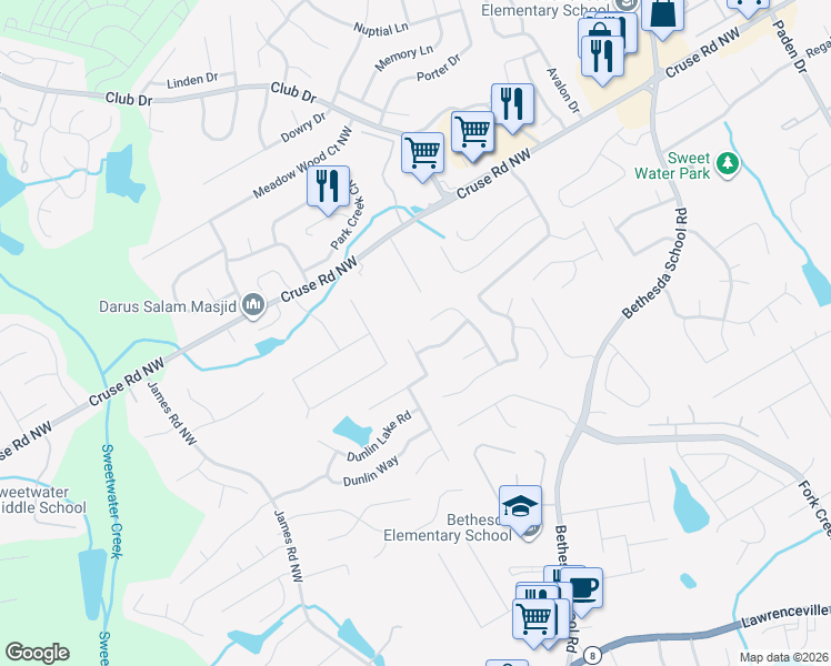 map of restaurants, bars, coffee shops, grocery stores, and more near 2880 Dunlin Lake Way in Lawrenceville