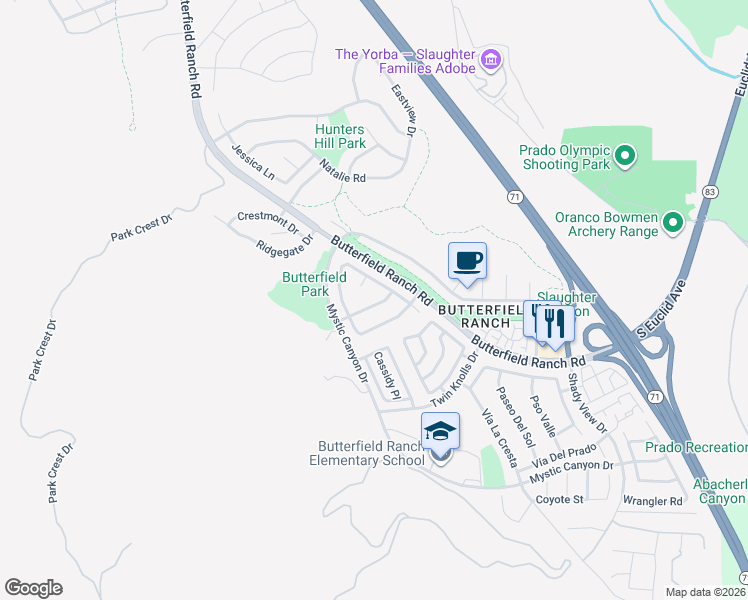 map of restaurants, bars, coffee shops, grocery stores, and more near 6168 Woodbridge Street in Chino Hills