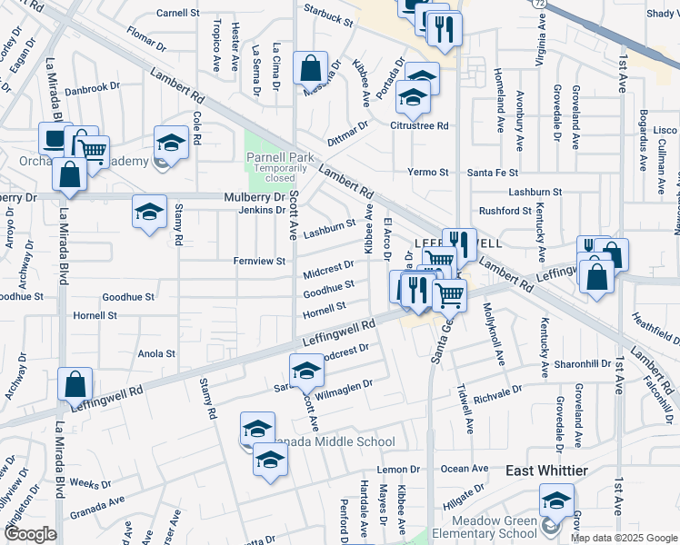 map of restaurants, bars, coffee shops, grocery stores, and more near 15510 Midcrest Drive in Whittier