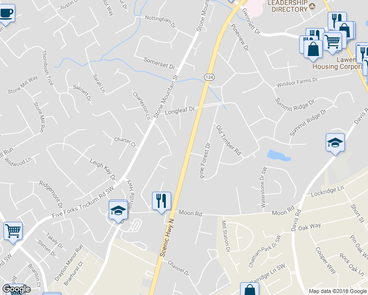 map of restaurants, bars, coffee shops, grocery stores, and more near 491 Scenic Highway North in Lawrenceville