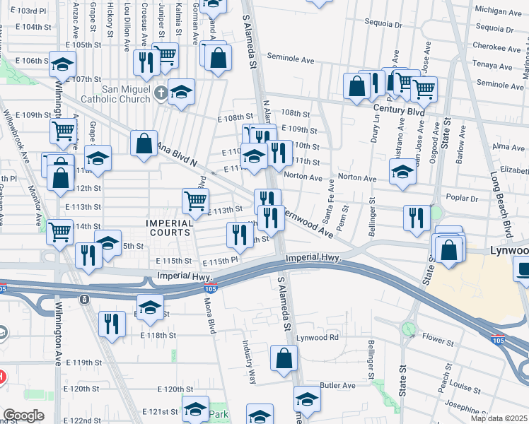 map of restaurants, bars, coffee shops, grocery stores, and more near 2554 Santa Ana Boulevard South in Los Angeles
