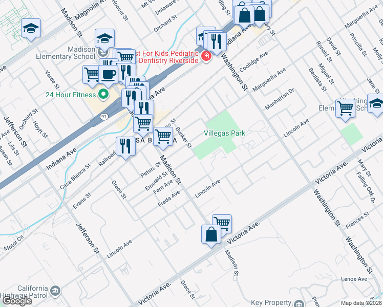 map of restaurants, bars, coffee shops, grocery stores, and more near 7407 Emerald Street in Riverside