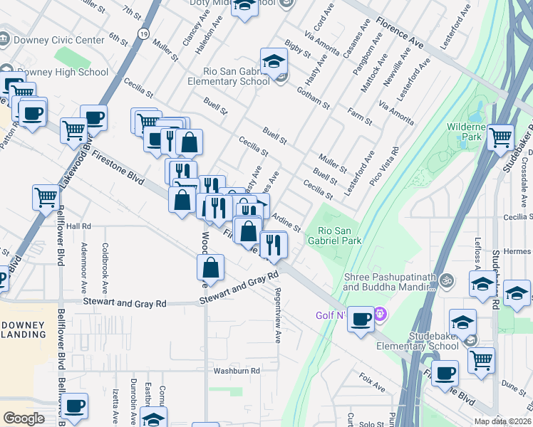 map of restaurants, bars, coffee shops, grocery stores, and more near 11003 Pangborn Avenue in Downey