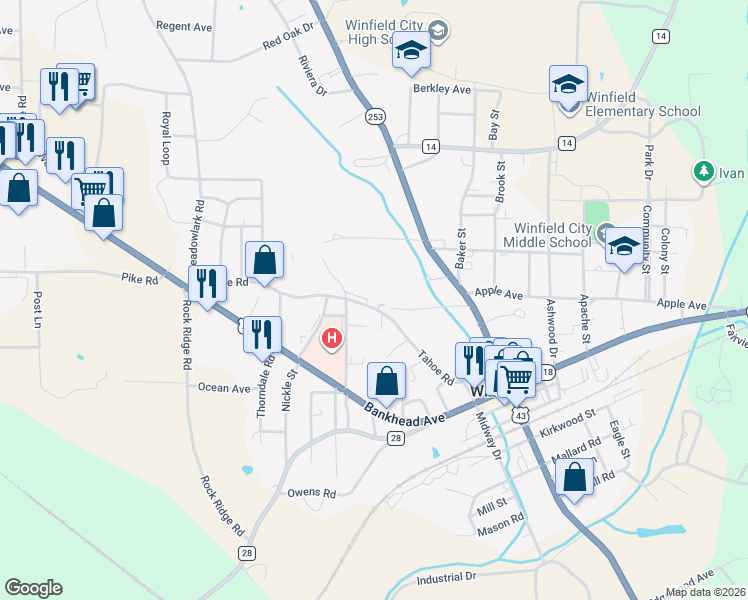 map of restaurants, bars, coffee shops, grocery stores, and more near 385 Tahoe Road in Winfield