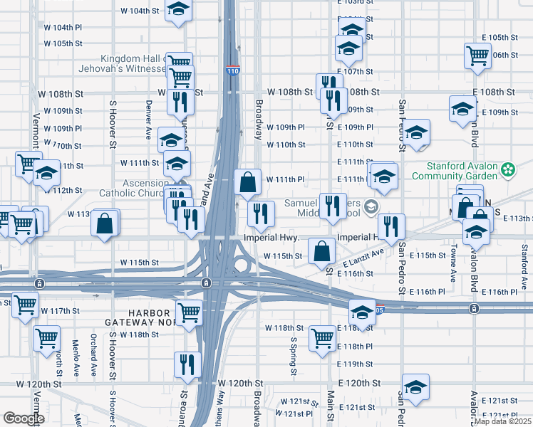 map of restaurants, bars, coffee shops, grocery stores, and more near 249 West 113th Street in Los Angeles