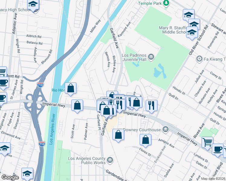 map of restaurants, bars, coffee shops, grocery stores, and more near 10647 Garfield Avenue in South Gate