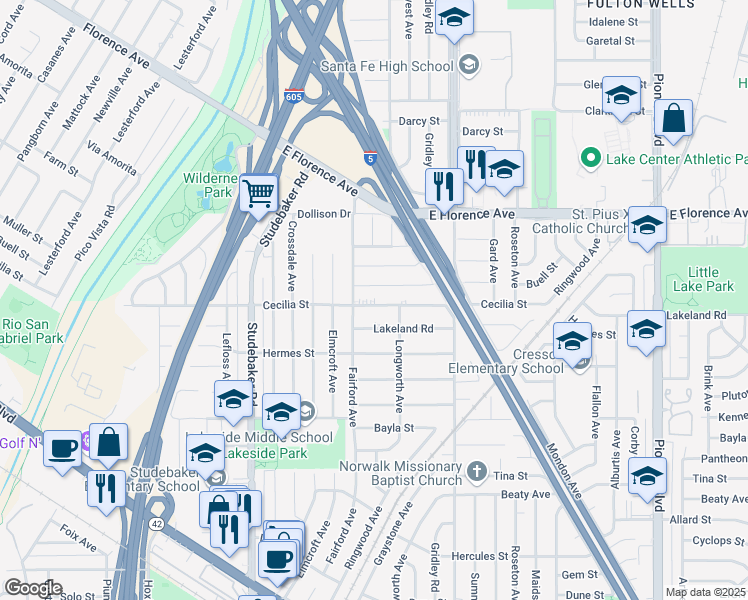 map of restaurants, bars, coffee shops, grocery stores, and more near 11223 Cecilia Street in Downey