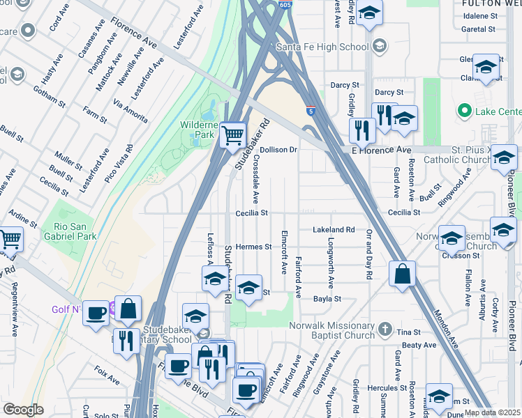 map of restaurants, bars, coffee shops, grocery stores, and more near 11036 Crossdale Avenue in Downey
