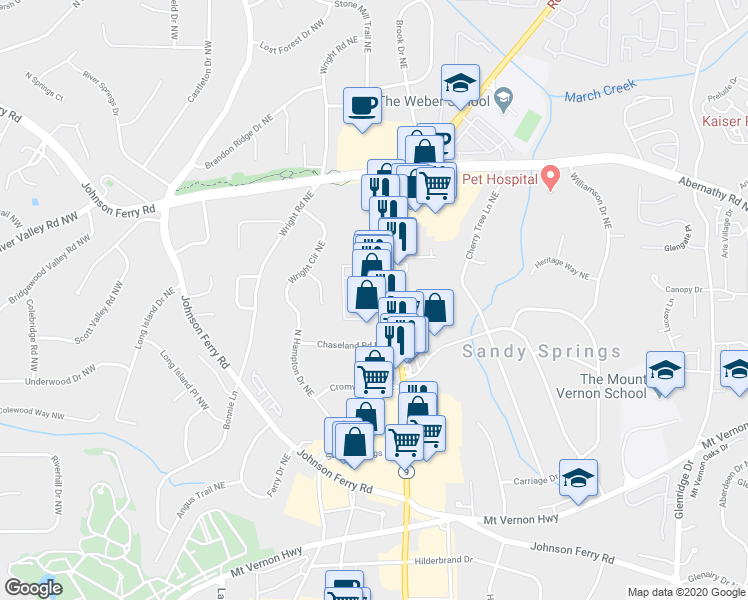 map of restaurants, bars, coffee shops, grocery stores, and more near 6450 Roswell Road Northeast in Sandy Springs