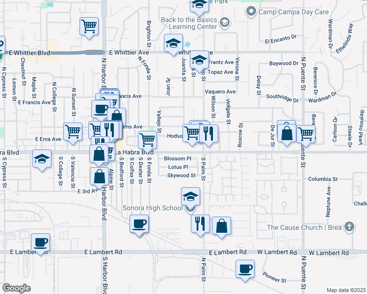 map of restaurants, bars, coffee shops, grocery stores, and more near 1801 East La Habra Boulevard in La Habra