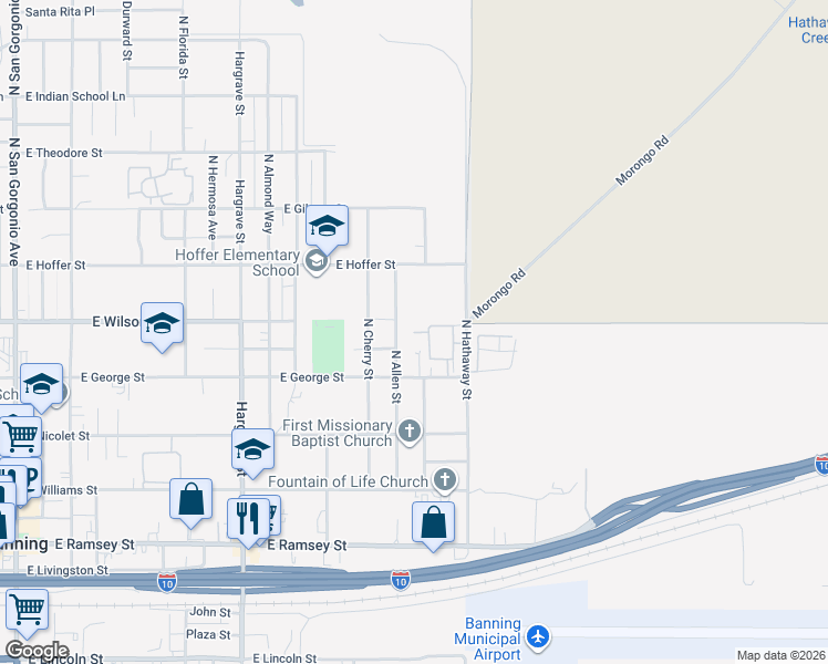 map of restaurants, bars, coffee shops, grocery stores, and more near Wilson Street in Banning