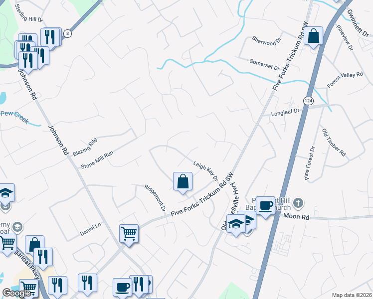 map of restaurants, bars, coffee shops, grocery stores, and more near 951 David Drive in Lawrenceville