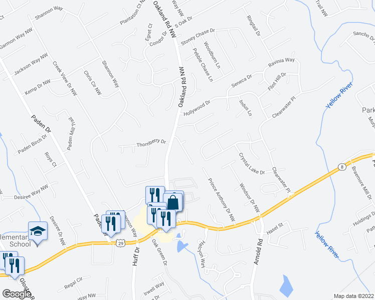 map of restaurants, bars, coffee shops, grocery stores, and more near 375 Oakland Place Drive in Lawrenceville