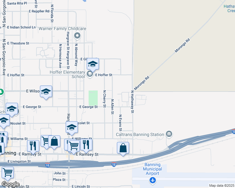 map of restaurants, bars, coffee shops, grocery stores, and more near Wilson Street in Banning