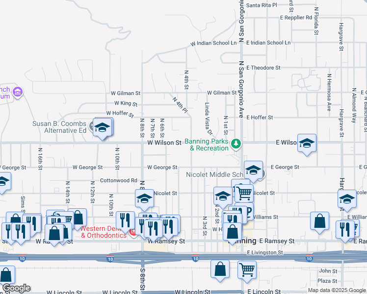 map of restaurants, bars, coffee shops, grocery stores, and more near 470 West Wilson Street in Banning