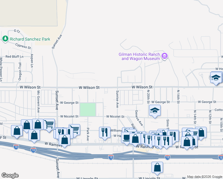 map of restaurants, bars, coffee shops, grocery stores, and more near 2466 West Wilson Street in Banning