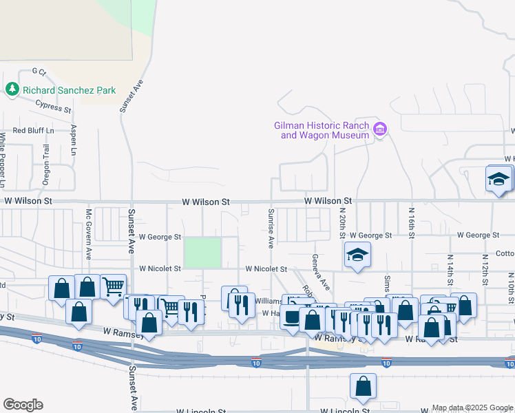 map of restaurants, bars, coffee shops, grocery stores, and more near 2466 West Wilson Street in Banning