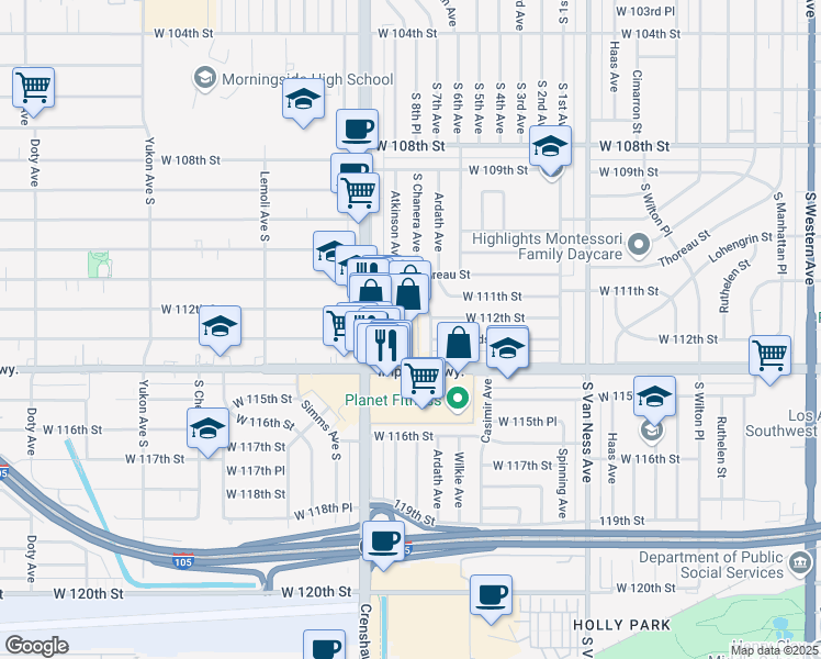 map of restaurants, bars, coffee shops, grocery stores, and more near 11336 Crenshaw Boulevard in Inglewood