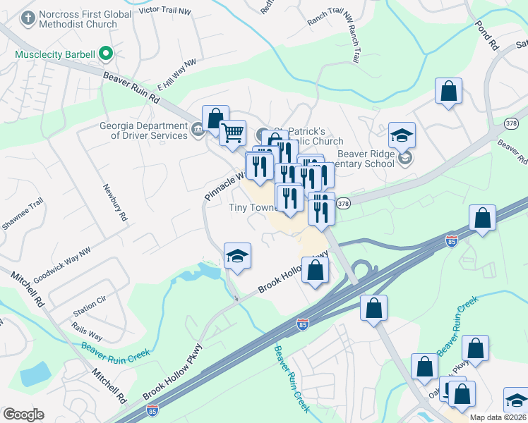 map of restaurants, bars, coffee shops, grocery stores, and more near 403 Vineyard Pond Drive Northwest in Norcross