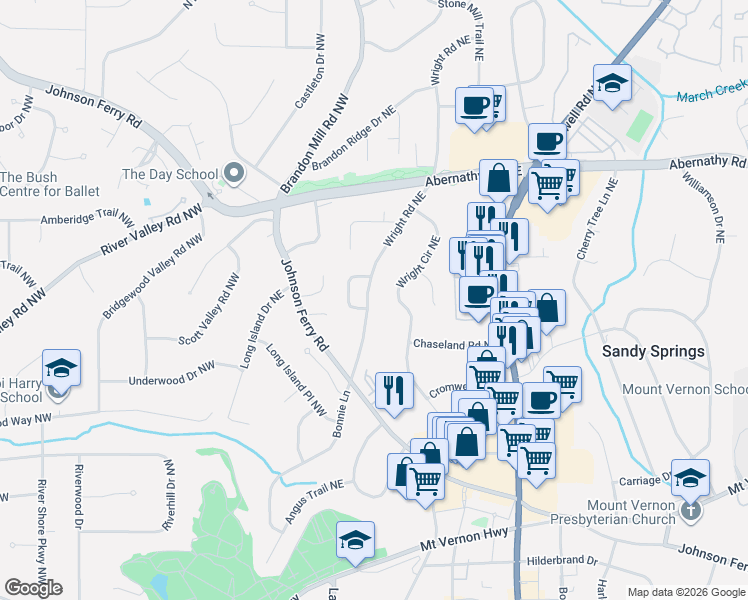 map of restaurants, bars, coffee shops, grocery stores, and more near 6457 Wright Road Northeast in Atlanta