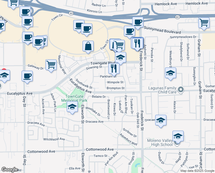 map of restaurants, bars, coffee shops, grocery stores, and more near 12879 Gerrard Street in Moreno Valley