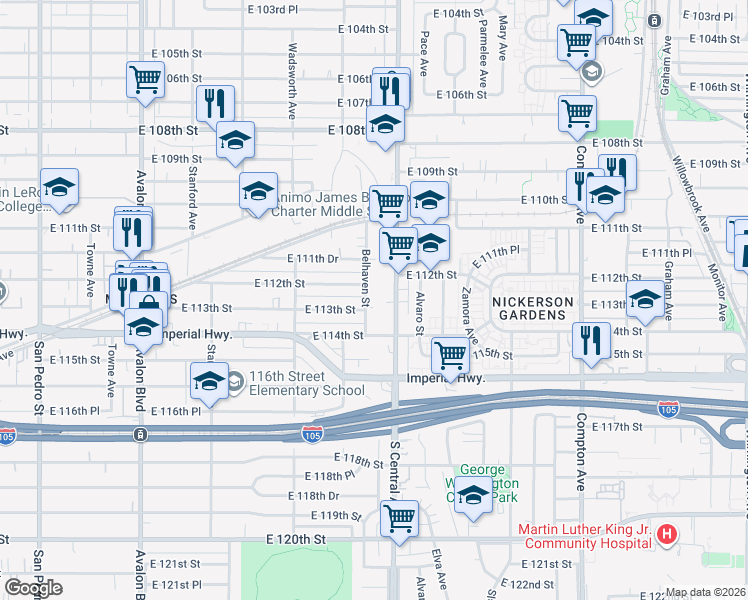 map of restaurants, bars, coffee shops, grocery stores, and more near 11218 Belhaven Street in Los Angeles