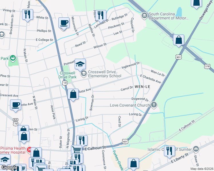 map of restaurants, bars, coffee shops, grocery stores, and more near 437 East Charlotte Avenue in Sumter