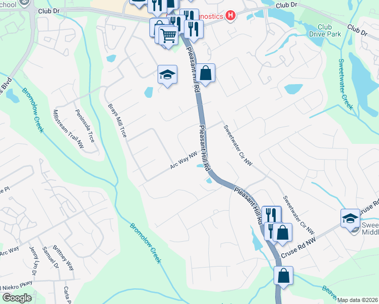 map of restaurants, bars, coffee shops, grocery stores, and more near 3782 Guthrie Circle Northwest in Lawrenceville