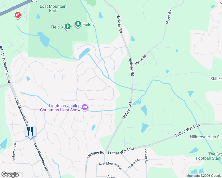 map of restaurants, bars, coffee shops, grocery stores, and more near 4539 Willow Oak Trail in Powder Springs