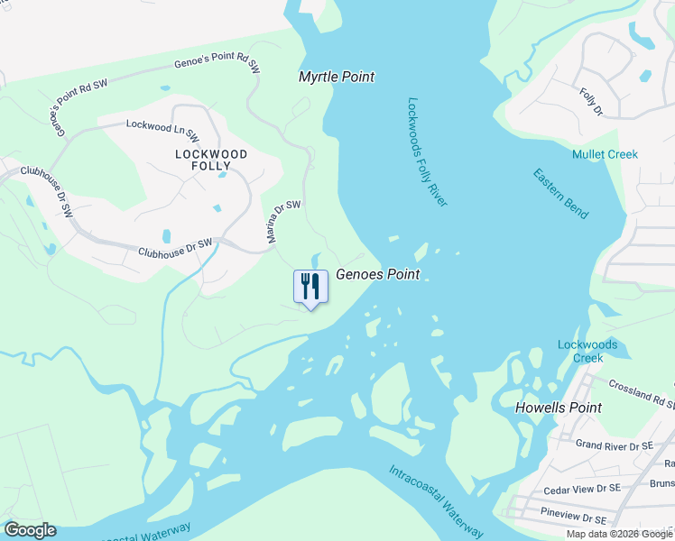 map of restaurants, bars, coffee shops, grocery stores, and more near 103 Genoe's Point Road Southwest in Brunswick County
