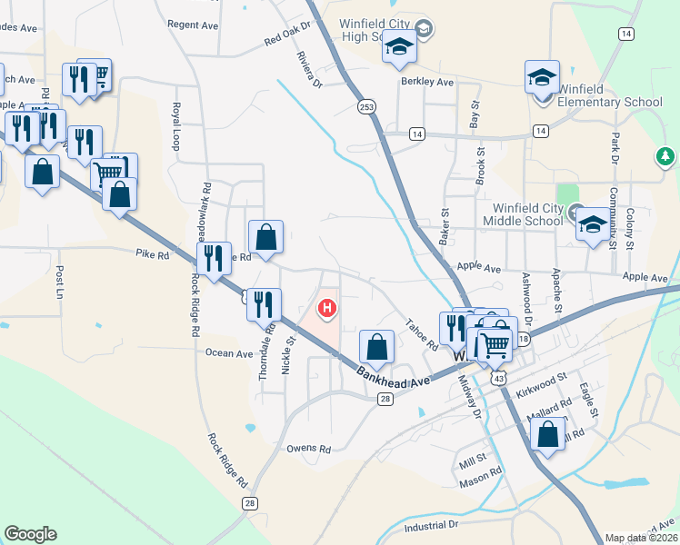 map of restaurants, bars, coffee shops, grocery stores, and more near 357 Medical Dr in Winfield