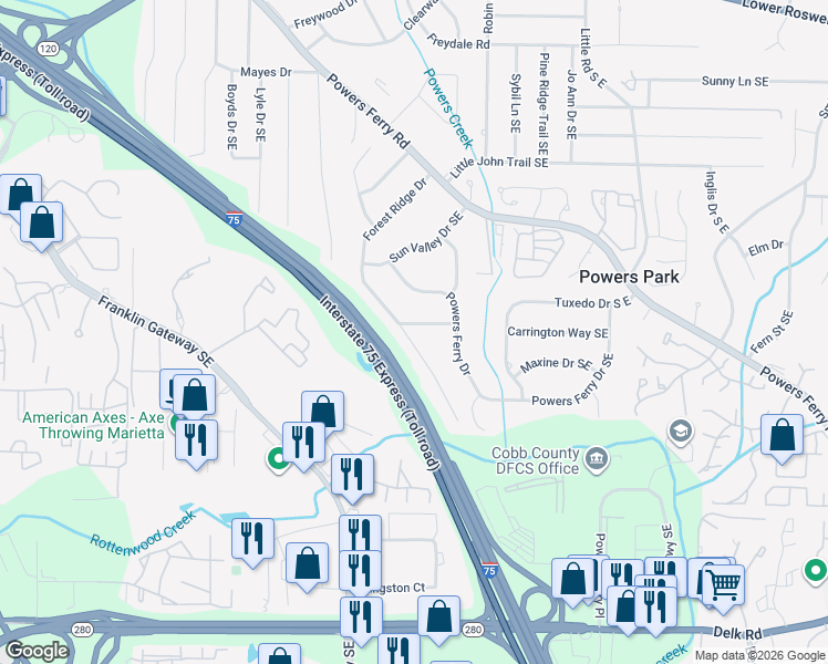 map of restaurants, bars, coffee shops, grocery stores, and more near 2168 Powers Ferry Drive Southeast in Marietta