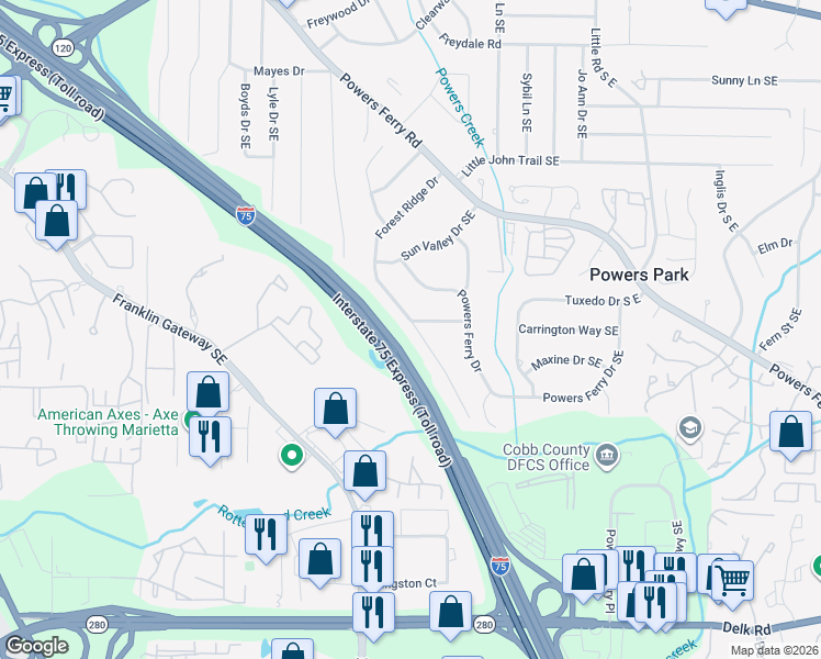 map of restaurants, bars, coffee shops, grocery stores, and more near 803 Forest Ridge Drive in Marietta