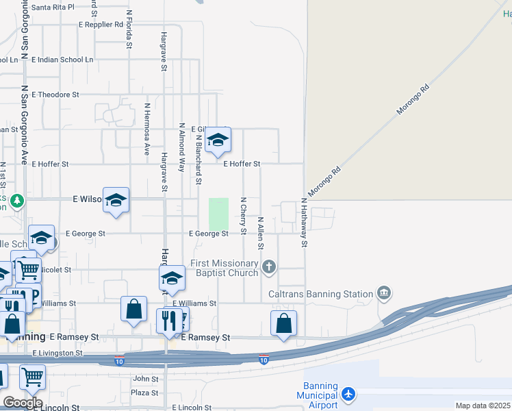 map of restaurants, bars, coffee shops, grocery stores, and more near 755 North Allen Street in Banning