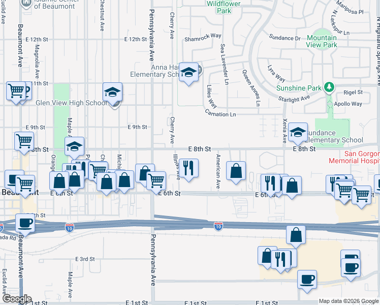 map of restaurants, bars, coffee shops, grocery stores, and more near 1343 East 8th Street in Beaumont