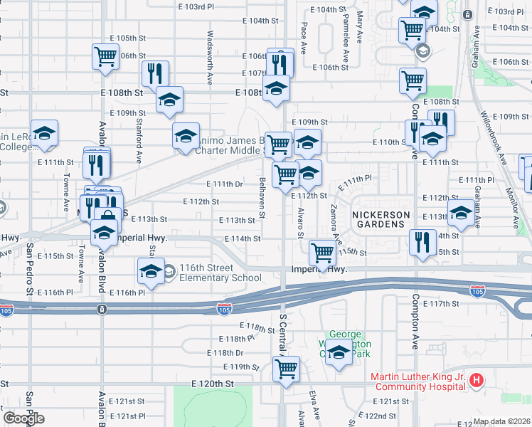 map of restaurants, bars, coffee shops, grocery stores, and more near 11218 Belhaven Street in Los Angeles