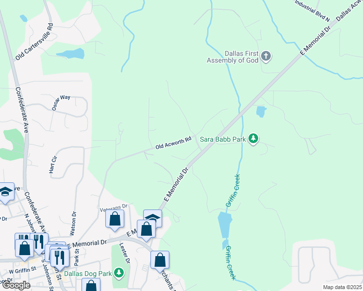 map of restaurants, bars, coffee shops, grocery stores, and more near 395 Old Acworth Road in Dallas