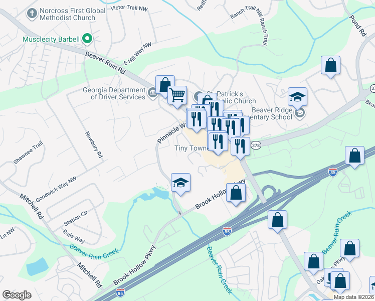 map of restaurants, bars, coffee shops, grocery stores, and more near 5309 Pinnacle Peak Ln in Norcross