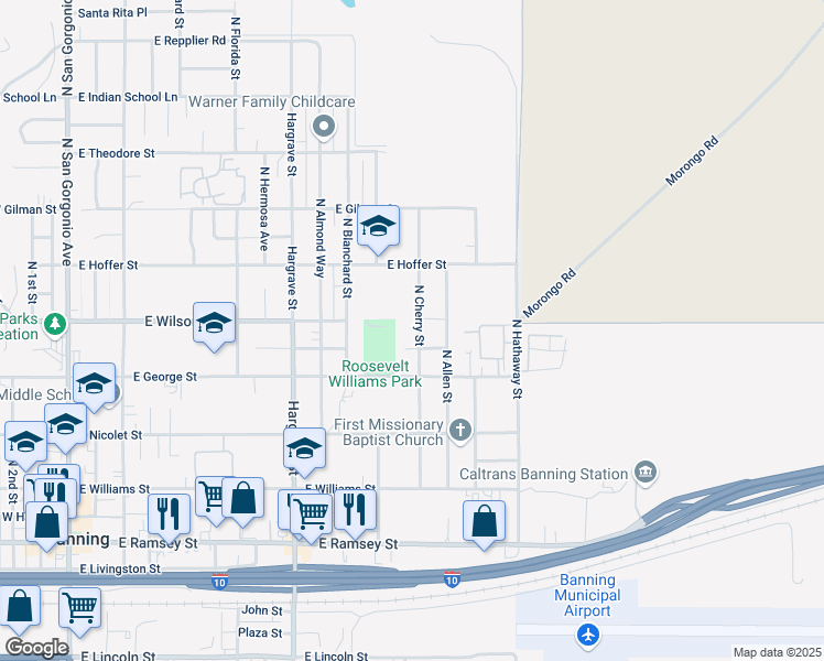 map of restaurants, bars, coffee shops, grocery stores, and more near 763 North Cherry Street in Banning