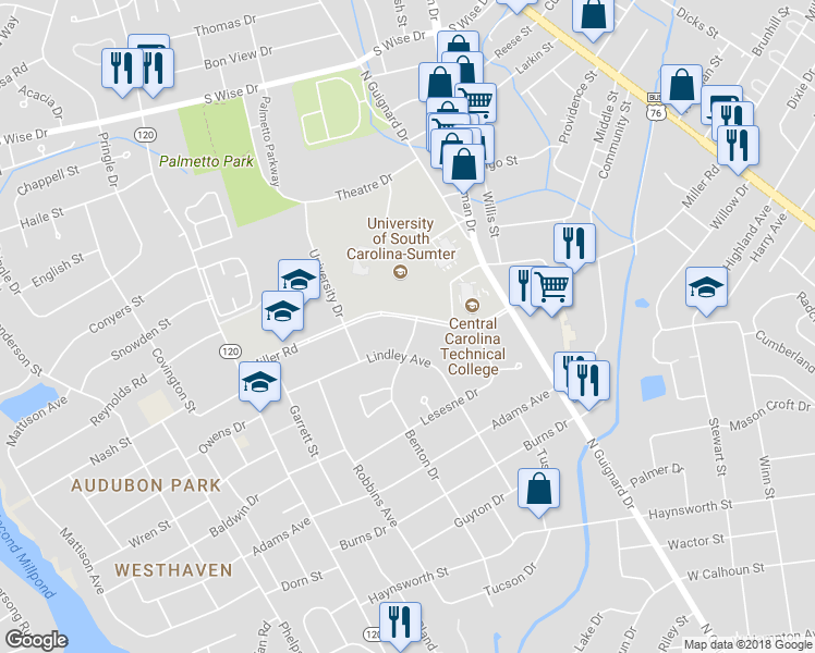 map of restaurants, bars, coffee shops, grocery stores, and more near 130 Miller Road in Sumter