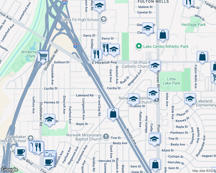map of restaurants, bars, coffee shops, grocery stores, and more near 11421 Cecilia Street in Santa Fe Springs