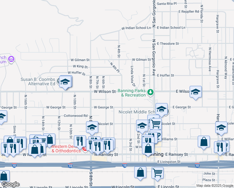 map of restaurants, bars, coffee shops, grocery stores, and more near 470 West Wilson Street in Banning