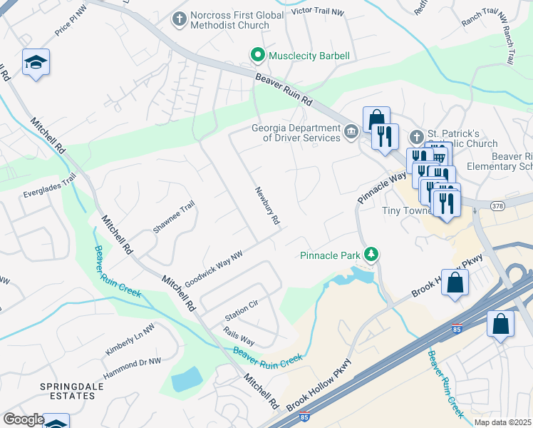 map of restaurants, bars, coffee shops, grocery stores, and more near 2173 Newbury Road in Norcross