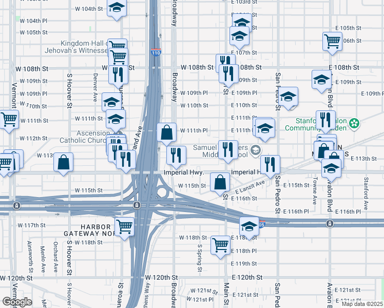 map of restaurants, bars, coffee shops, grocery stores, and more near 217 West 113th Street in Los Angeles