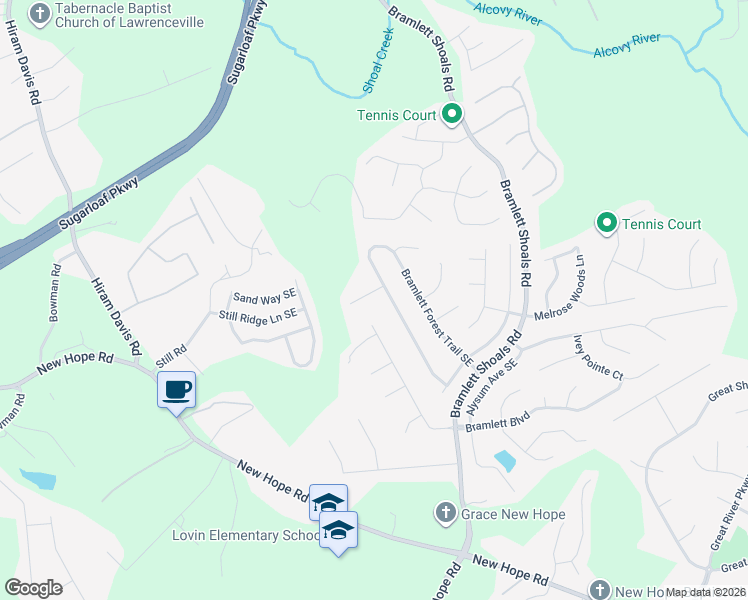 map of restaurants, bars, coffee shops, grocery stores, and more near 1445 Bramlett Forest Trail Southeast in Lawrenceville