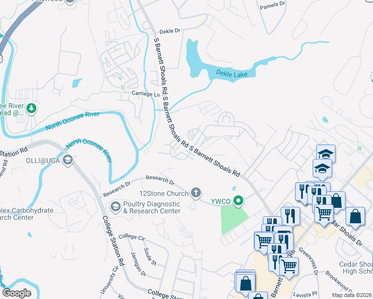 map of restaurants, bars, coffee shops, grocery stores, and more near 1035 South Barnett Shoals Road in Athens