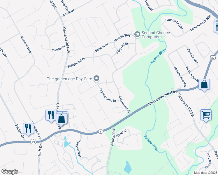 map of restaurants, bars, coffee shops, grocery stores, and more near 303 Cimarron Way in Lawrenceville